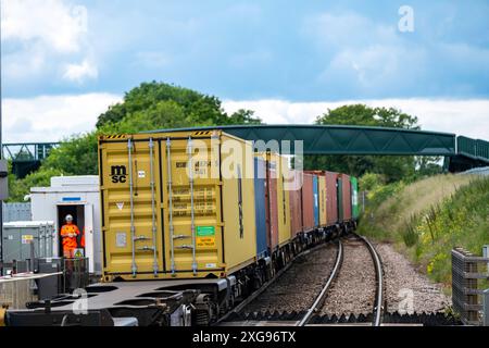 MSC Eco-Container an Bord eines Güterzugs Westerfield Suffolk Stockfoto