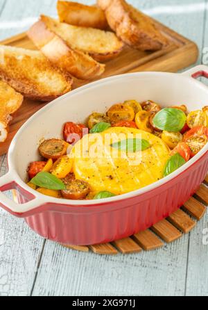 Gebackener Camembert-Käse mit Kirschtomaten und Basilikum Stockfoto