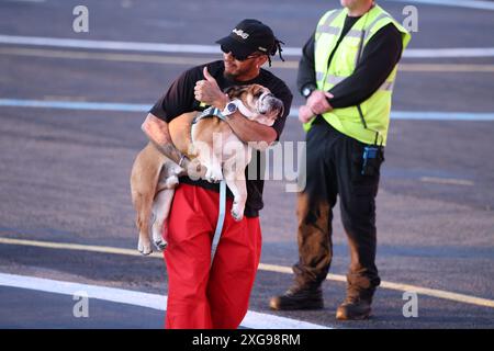 London 7. Juli 2024 nach dem 9. Grand Prix von British Silverstone kehrte Lewis Hamilton mit dem Hubschrauber nach London zurück, begleitet von seinem geliebten englischen Buldog Rosco. Der Formel-1-Stern wurde mit seinem geliebten Haustier gesehen, als er zum Terminal ging und seine enge Verbindung zeigte. Hamilton Joy war offensichtlich. Stockfoto