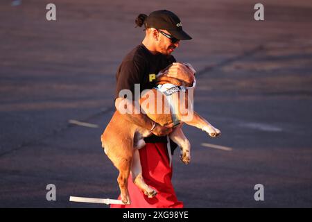 London 7. Juli 2024 nach dem 9. Grand Prix von British Silverstone kehrte Lewis Hamilton mit dem Hubschrauber nach London zurück, begleitet von seinem geliebten englischen Buldog Rosco. Der Formel-1-Stern wurde mit seinem geliebten Haustier gesehen, als er zum Terminal ging und seine enge Verbindung zeigte. Hamilton Joy war offensichtlich. Stockfoto