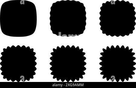 Set aus Quadraten mit abgerundeten Ecken oder Eichhörnchen mit welligen Rändern. Einfache geometrische Formen isoliert auf weißem Hintergrund. Wiggly Designelemente, Etiketten, Tags oder Boxen. Vektorgrafik. Stock Vektor
