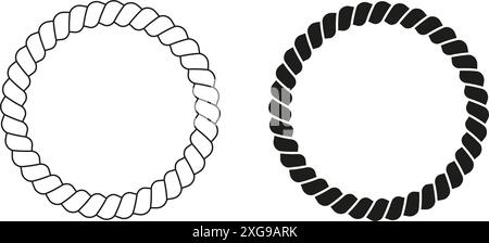 Schwarze und weiße Rundseilrahmen. Schnur oder Gewinde, Stahlseile oder Hanfgarne kreisförmige Begrenzungen. Jute-Ringe. Designelemente im Yacht- oder nautischen Stil. Vektorgrafik. Stock Vektor