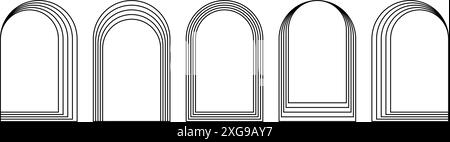 Satz konzentrischer Bogenrahmen, isoliert auf weißem Hintergrund. Geometrische Bogenformen im trendigen Bohème- oder Art déco-Stil. Türen oder Tore, Fenster oder Portalrahmen. Vektorgrafik. Stock Vektor