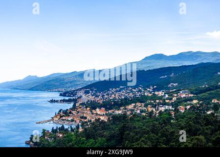 Ein Panoramablick auf Opatija, Kroatien, mit Blick auf die Adriaküste, eine bezaubernde Stadt eingebettet zwischen üppigen grünen Hügeln und dem azurblauen Meer. Stockfoto