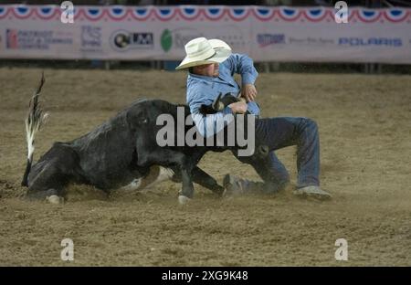 Prescott, Arizona, USA. Juli 2024. Ein Rodeo-Teilnehmer tritt am 6. Juli 2024 beim Tie-Down Roping-Event im WorldÃs Elst Rodeo in Prescott, Arizona, an. Das Prescott Rodeo findet vom 1. Bis 7. Juli statt. (Kreditbild: © Darnell Renee/ZUMA Press Wire) NUR REDAKTIONELLE VERWENDUNG! Nicht für kommerzielle ZWECKE! Stockfoto