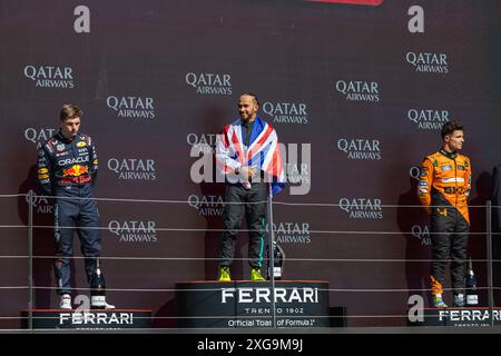 Silverstone Circuit, Towcester, Großbritannien. 7. Juli 2024; Lewis Hamilton, Max Verstappen und Lando Norris während des Formel-1-Grand-Prix von British Credit: Jay Hirano/AFLO/Alamy Live News Stockfoto