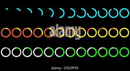 Bunte Ladesymbole. Fortschrittskreis festgelegt. Verschiedene Farben dargestellt. Vektordesign. Stock Vektor