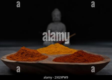 Eine Reihe von Gewürzsets aus der ganzen Welt auf weißem Hintergrund. Konzept für Werbegeschäfte, Restaurants und trave Stockfoto