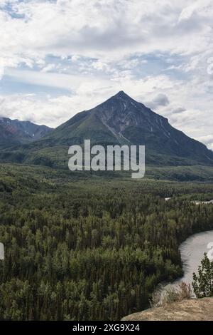 Bäume und Berge an einem bewölkten Sommertag im Matanuska-Susitna Valley in Alaska bei Palmer. Stockfoto