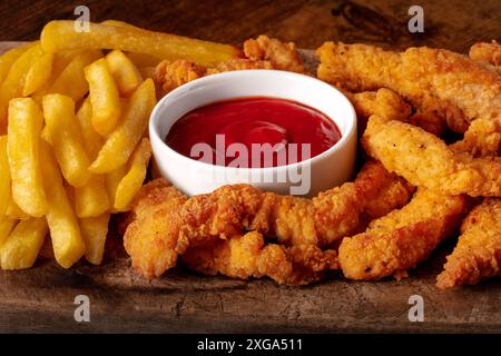 Hähnchenbrötchen, paniert und gebraten, mit einem roten Dip und Pommes frites, eine Nahaufnahme Stockfoto