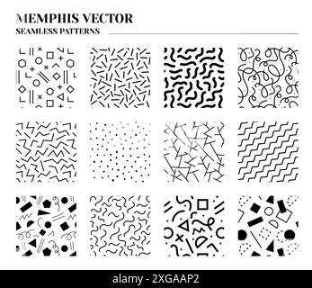 Memphis-Muster. Abstrakte, lustige geometrische Kritzeleien. Hipster-Grafik der 90er oder 80er Jahre. Schlichtes und modernes Design in coolem Schwarz. Einfarbiger, wiederholter Textildruck. Flache Formen. Linienverzierung. Vektorhintergründe festgelegt Stock Vektor