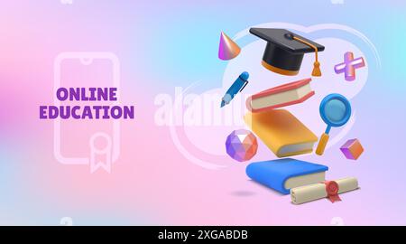 3D-Buchbanner. Isometrischer realistischer Raum für Online-Schulungen. Schulkurs. Graduierungshut aus Kunststoff. Internet-Bildung. Wissenssuche mit Lupe. Lehrbücher für fliegendes Rendern. Vektorhintergrund Stock Vektor