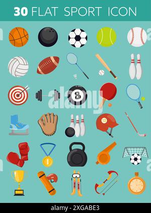Sammlung von 30 flachen Sport-Symbolen einschließlich Ausrüstung für verschiedene Sportarten. Vektorabbildungen Stock Vektor