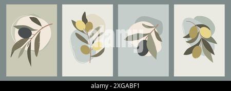 Abstrakte Pflanzen. Olivenzweig aus der Natur, moderne, schlichte Blütenblattformen, einfache grüne Collage. Sommerpflanzen. Minimale botanische Ernte. Natürliche Blattfarben. Vektordesign-Poster Stock Vektor
