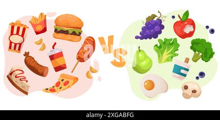 Gesunde und ungesunde Nahrung. Gute Gesundheit Snacks, fette Fastfood Diät oder Gemüsegetränk und Süßigkeiten oder Ernährung. Fleisch und Fisch, Obst und Gemüse oder Junkfood-Snacks. Vector Flat Cartoon Diät Set Stock Vektor