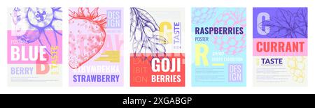 Poster mit Beeren. Abstraktes Fruchtsaftetikett oder Tattoo. Sommer-Hipster-Einladungsvorlage zur modernen Ausstellung. Essen Party. Johannisbeergeschmack. Frischer Goji und Heidelbeere. Erdbeerskizze. Vektor-Banner-Set Stock Vektor