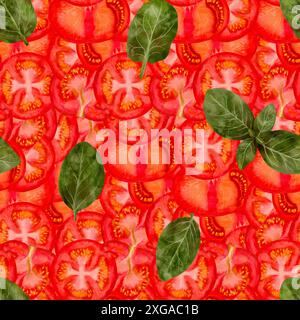 Nahtloses, lebendiges Muster aus geschnittenen Tomaten und frischen Basilikumblättern – perfekt für Speisen und Küchendesigns. Digitale Kunst im Aquarellstil, zum Drucken auf Stoff und Papier. Stockfoto