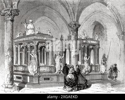 Gräber der dänischen Königsfamilie in der Kathedrale von Roskilde, Dänemark, Zeichnung von Emile Therond (1821–1883) aus der Reise nach Dänemark, 1860 von Jean-Marie Dargaud (1800–1866) Le Tour du Monde 1862 Stockfoto