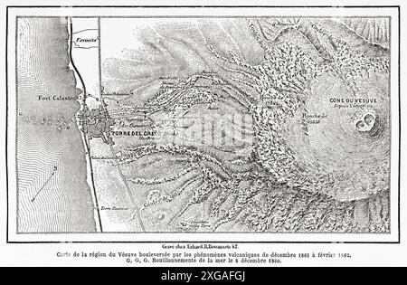 Karte des Vesuv-Gebiets, das von vulkanischen Phänomenen von Dezember 1861 bis Februar 1862 betroffen war, Neapel. Italien, Zeichnung von Edouard Riou (1833 - 1900) Walk around Neapel, 1862 von Marc Monnier (1827 - 1885) Le Tour du Monde 1862 Stockfoto