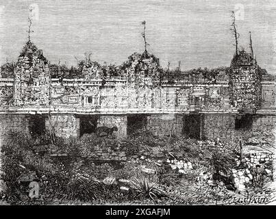 Viereck der Nonnen in Uxmal Ruinen, mexikanische Yucatan Halbinsel, Mexiko, Zeichnung von Jacques Guiaud (1811–1876) Travel in Mexico, 1854-1855 von Ernest Vigneaux. Le Tour du Monde 1862 Stockfoto