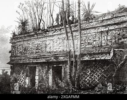 Viereck der Nonnen in Uxmal Ruinen, prekispanische Maya-Stadt Uxmal archäologische Stätte, mexikanische Halbinsel Yucatan, Mexiko, Zeichnung von Jacques Guiaud (1811-1876) Travel in Mexico, 1854-1855 von Ernest Vigneaux. Le Tour du Monde 1862 Stockfoto