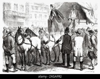 John Doys Ehefrau Campagning in Platte City unterstützt den Abolitionisten John Doy und seinen Sohn Charles Doy im Gefängnis St. Joseph, Missouri. Unites States of America, Zeichnung von Janet lange (1815–1872) Adventures of a Kansas Abolitionist in Missouri, 1855. Geschichte von Dr. John Doy (1812-1869) Le Tour du Monde 1862 Stockfoto