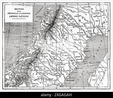 Alte Karte der skandinavischen Halbinsel, Schwedisch Lappland, Schweden. Reisen Sie in die skandinavischen staaten, 1856, Schweden und Lappland. Text und Zeichnungen von Saint Blaise. Le Tour du Monde 1862 Stockfoto