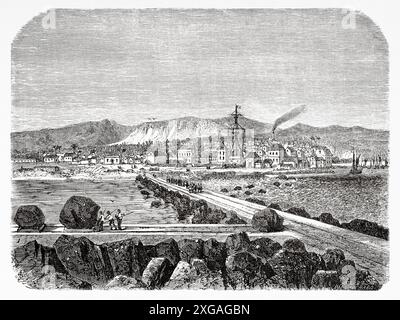 Alte Aussicht auf den Hafen von Saint-Pierre, Insel Réunion. Westlicher Indischer Ozean, Zeichnung von Emile Therond (1821-1883) Journey to Reunion Island, 1861 von Louis Laurent Simonin (1830-1886) Le Tour du Monde 1862 Stockfoto