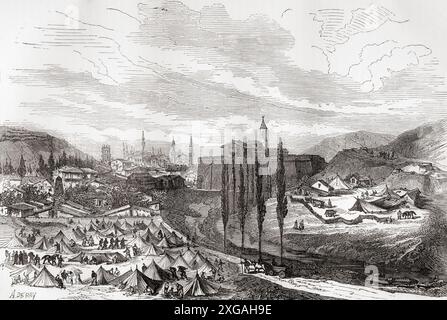 Ein Blick auf Niš oder Nish, Serbien, während des Russisch-Türkischen Krieges (1877–1878). Die Stadt wurde 1878 von den Russen befreit. Von Russes et Turcs: La Guerre D’Orient, veröffentlicht 1878. Stockfoto