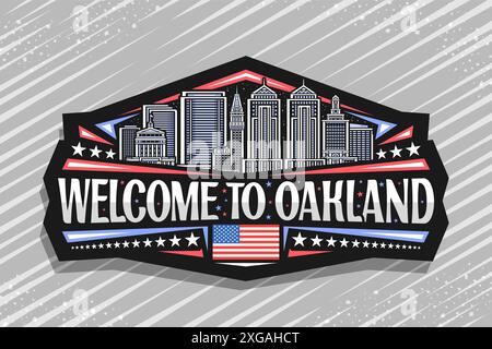 Vektor-Logo für Oakland, schwarzer dekorativer Tag mit Linienillustration der städtischen Panorama oakland Stadt Landschaft auf nächtlichem Himmel Hintergrund, Kunstdesign Ref Stock Vektor