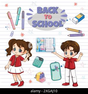 Back-to-School-Vektor-Banner-Design mit niedlichen Kindern und Bildungselementen. Poster niedliches Kind für Poster, Tapeten, Druck, Website. Vektorhintergrund Stock Vektor