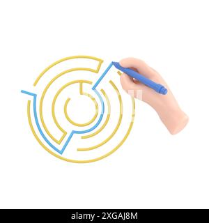 Finden Sie einen Ausweg. Verlassen Sie das Kreislabyrinth. Mann mit Stiftkabel Linie aus Labyrinth.3d Illustration flach Design. Erfolgreiche Lösung verwirrt das Geschäft. Verdünnt Stockfoto