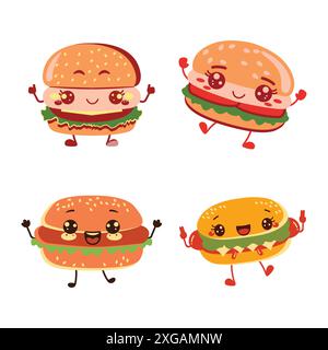 Süßer Burger Hamburger Junk Food Cartoon Charakter mit Happy Expression Stock Vektor