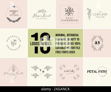 Logovorlagen mit handgezeichneten Zweigen und Blättern in Strichgrafik. Eleganter Vektor-Blumenrahmen, Kranz für Etikett, Unternehmensidentität, Hochzeitseinladung, Stock Vektor