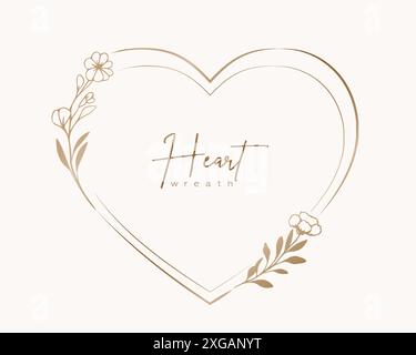 Handgezeichneter goldener Herzkranz und Blätter. Botanischer Rahmen für Monogramm, Hochzeitslogo, Einladung, Postkarte und vieles mehr. Vintage orna Stock Vektor