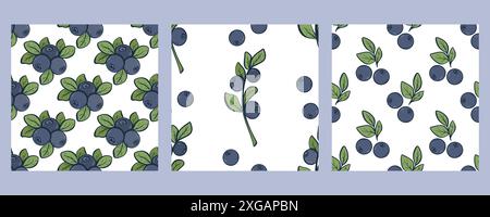 Legen Sie nahtlose Blaubeeren-Muster fest. Hintergrund der Sammlung mit handgravierten Waldbeeren. Gesunder Bio-Lebensmitteldruck für Textilien, Papier, Packag Stock Vektor