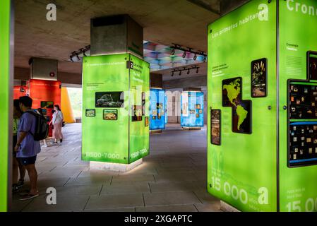 Ausstellung, die Panamas Biodiversität, Natur- und Kulturgeschichte erklärt, Biomuseo, ein Museum, das sich auf die Naturgeschichte Panamas konzentriert, entworfen von Frank Stockfoto