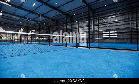 Eckansicht des leeren Padel Paddle Tennis Courts in blauer Farbe Stockfoto