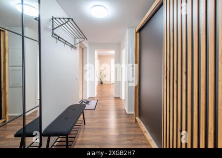 Eingangsbereich Zu Hause. Innenraum. Weiße Holztür, brauner Boden und weißer Kleiderschrank. Minimalismus. LED-Leuchte. Schwarze Bank. Spiegeln Stockfoto