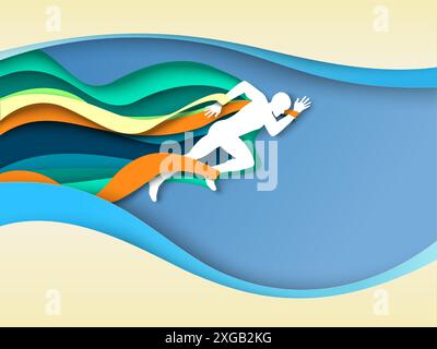 Laufender Fitness Mann dynamische Bewegung Papercut Hintergrund Stock Vektor