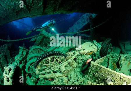 Taucher im Schiffswrack, Thistlegorm, Ägypten, Rotes Meer, Sinai Stockfoto