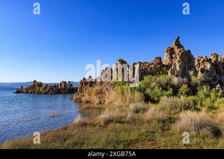 Dies ist ein Blick auf die Tufa-Felsformationen am Ufer des Mono Lake in der Nähe von Lee Vining, Mono County, Kalifornien, USA. Stockfoto