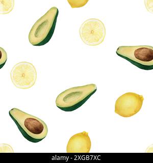 Nahtloses Muster mit gelben runden Zitronenscheiben, ganzen Zitronen und Avocado. Handgezeichnete Aquarellabbildung auf weißem Hintergrund zum Drucken, Umwickeln Stockfoto