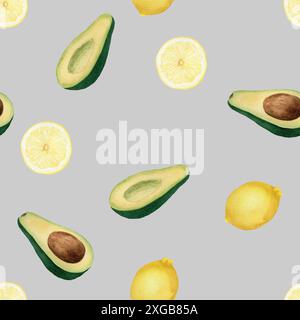 Nahtloses Muster mit gelben runden Zitronenscheiben, ganzen Zitronen und Avocado. Handgezeichnete Aquarellabbildung auf grauem Hintergrund für Druck, Verpackung p Stockfoto