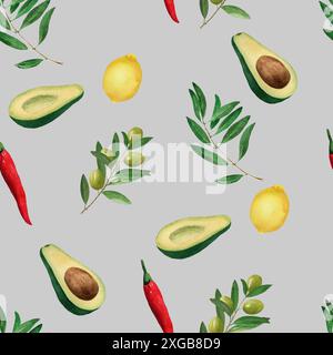 Nahtloses Muster mit Zitronen, rotem Pfeffer, Olivenzweigen und Avocado. Handgezeichnete Aquarellillustration auf grauem Hintergrund für Druck, Geschenkpapier, Stockfoto