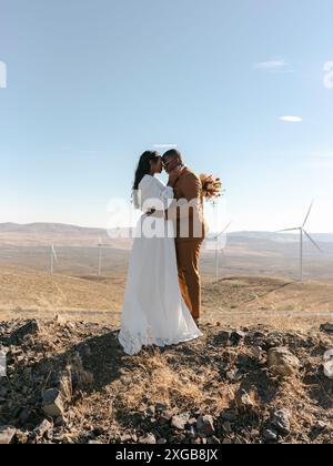 Ehemann und Ehefrau, die sich auf einer Solar-Windkraftanlage umarmen Stockfoto