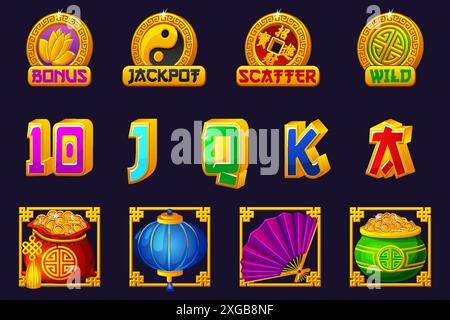 Ein vollständiger Satz von Symbolen für das chinesische Spielautomat. Hier sind die Jackpot-, Bonus-, Wild- und Scatter-Symbole. Zwölf chinesische Symbole für die Spielentwicklung Stock Vektor