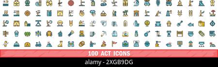 100 ACT-Symbole gesetzt. Farblinie Satz von ACT-Vektorsymbolen dünne Linie Farbe flach auf weiß Stock Vektor