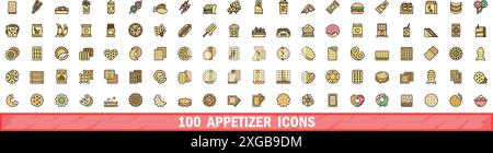 100 Symbole für Vorspeisen eingestellt. Farblinie Satz von Vorspeise Vektorsymbolen dünne Linie Farbe flach auf weiß Stock Vektor