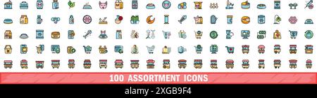 100 Symbolsatz für Sortiment. Farblinie Satz von Sortimentsvektorsymbolen dünne Linie Farbe flach auf weiß Stock Vektor